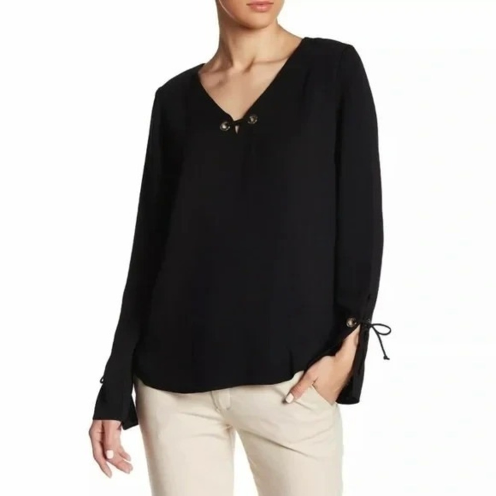Ramy Brook Alexa Blouse Women's Small S Black Grommet Long Sleeve Silk Blend Top